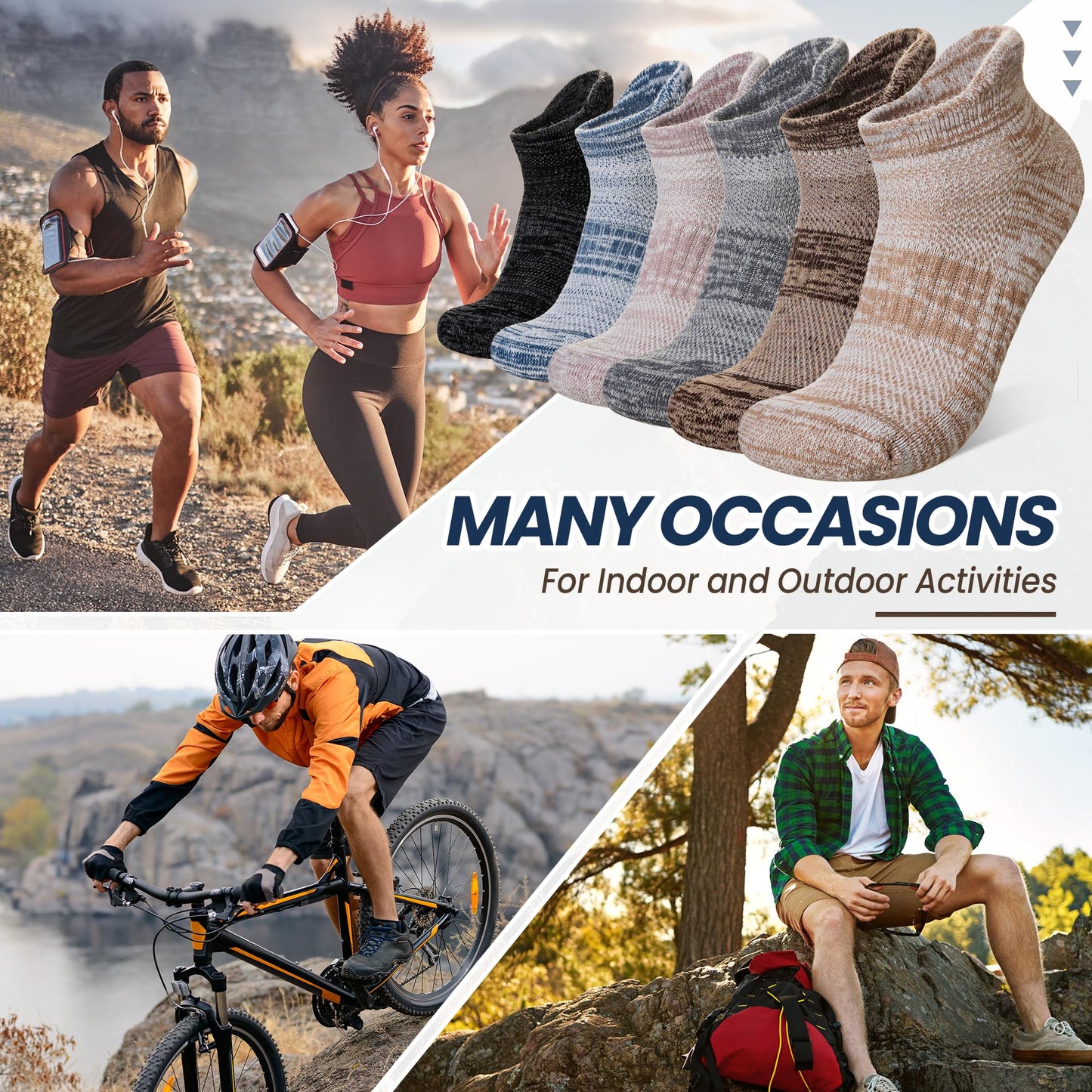 AMENLAN Merino Wool Ankle Socks Running Half Cushioned Men Women Hiking Thick No Show Socks 6 Pairs (Black/Grey/Brown,Medium)