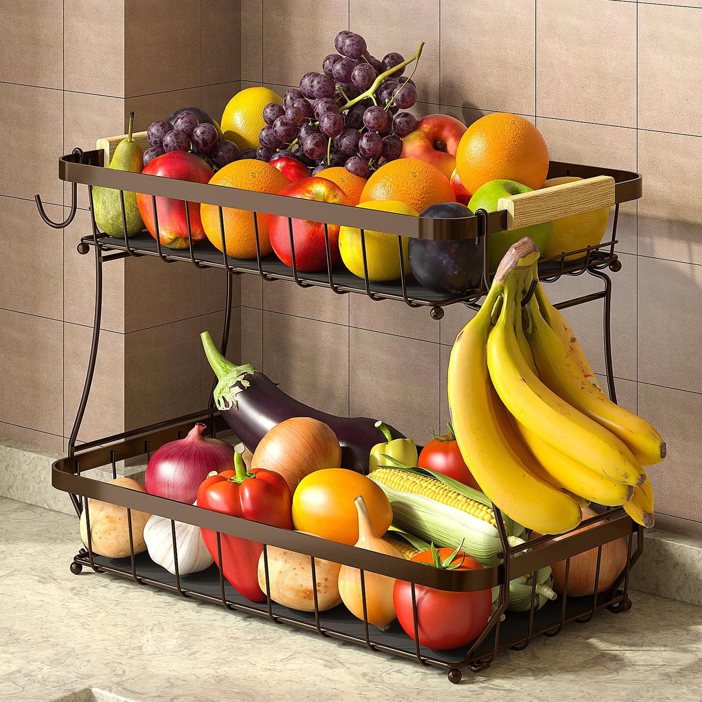 2 Tier Fruit Basket for Kitchen Counter with 2 Mobile Banana Hangers, 2025 Pro Detachable Metal Fruit Bowl with Wooden Handle, Fruit Holder for Bread Snack Veggies with Protective Mats