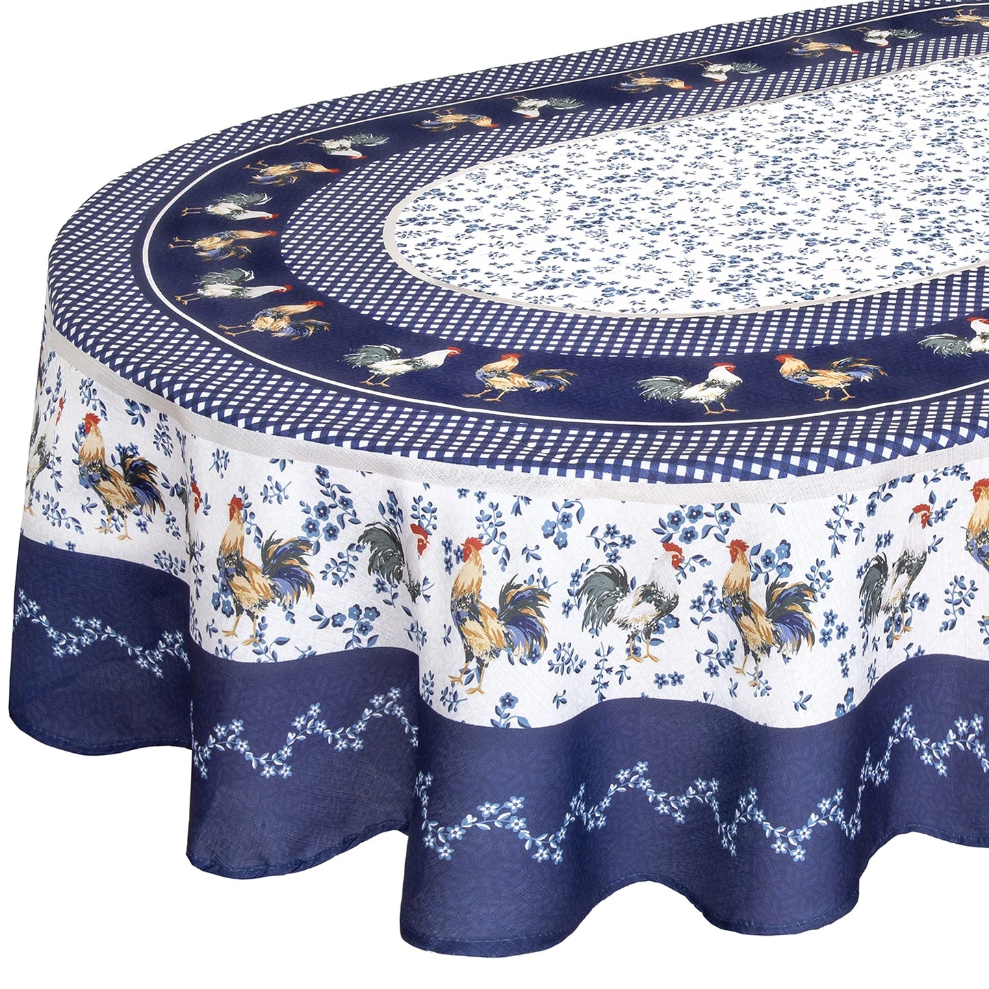 Home Bargains Plus Oval Fabric Tablecloth, 60 x 84 Inch, Blue Provence Rooster, Wrinkle, Water and Stain Resistant Country Provence Table Cloth, Farm