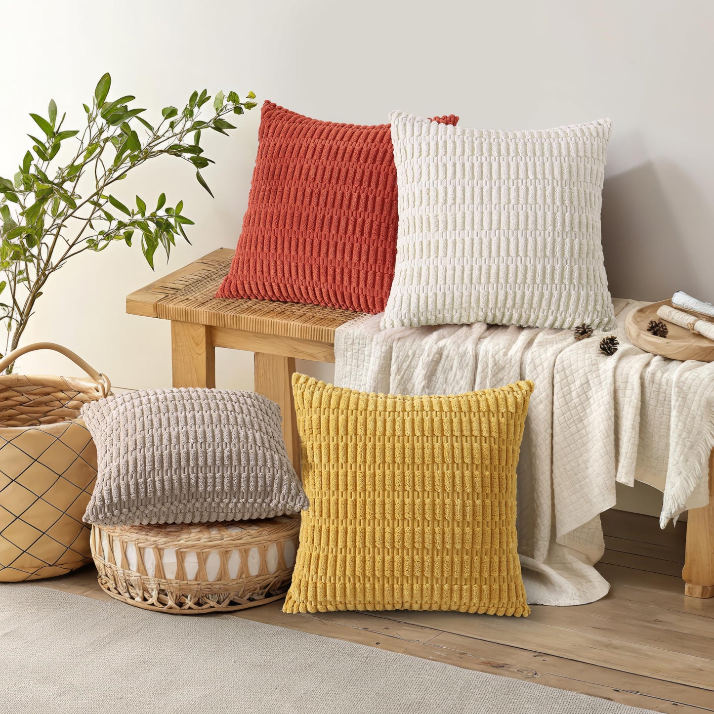 decorUhome Rust Neutral Decorative Fall Throw Pillow Covers 24x24 Inch Set of 2, Boho Soft Corduroy Striped Square Pillow Covers Modern Twill Pillow Covers for Couch Bed Sofa Living Room