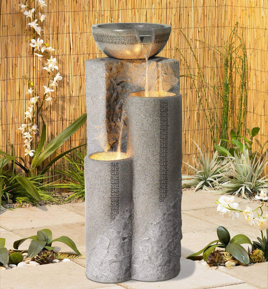 Bowl and Pillar 34 1/2" High Large Modern Zen Outdoor Decor Faux Stone Floor Fountain with Light LED Standing Waterfall Tiered Water Feature for Outside Garden Patio Yard Backyard - John Timberland