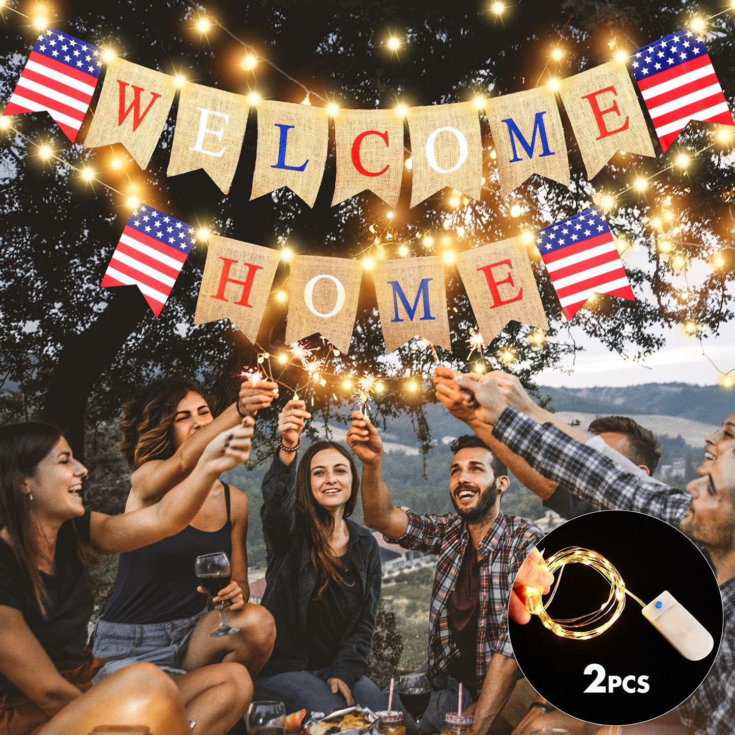 Mudder Welcome Home Banner with LED Decoration Fairy String Light 2 Flicker Mode Patriotic Banner Bunting Welcome Home Sign for Housewarming Military Celebration Family Party Supplies Gifts