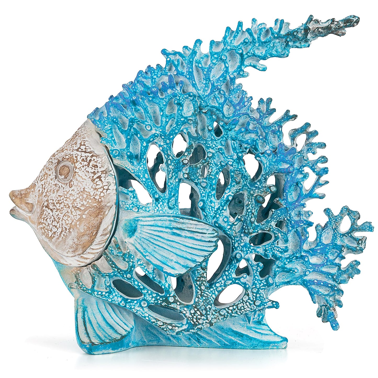 VVGIFTS Beach Coastal Decor Coral Reef Angelfish Home Office Desk Decor Sculpture Statue for Tabletop Shelf Bathroom Decoration Ornament Gift (Turquoise and Blue)