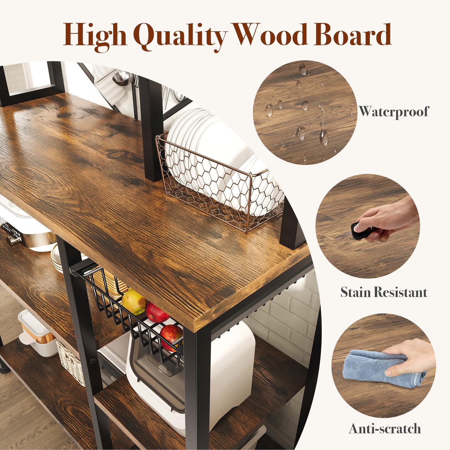 GRUSIGN Kitchen Bakers Rack with Storage, 6-Tier Coffee Bar Station with Power Outlet, Microwave Stand with 12 S-Shaped Hooks, Open Kitchen Storage Shelves for Spices, Pots and Pans, Rustic Brown