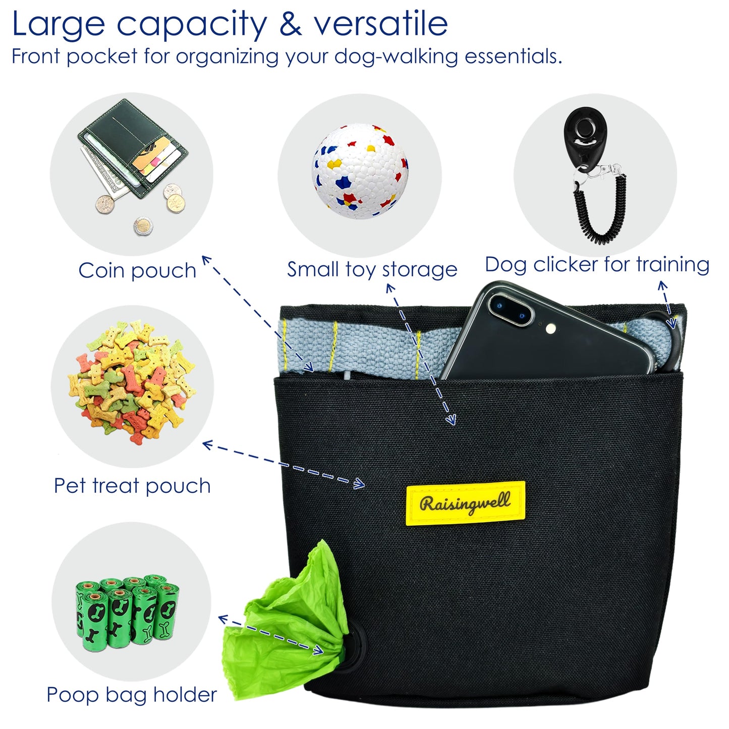 Raisingwell Dog Treat Pouch for Pet Walking and Training with Clicker 2 Cup Silicone Bag Small Fanny Pack Holder for Puppy Snack Dispenser Kit for Leash and Outdoor Use (Black)