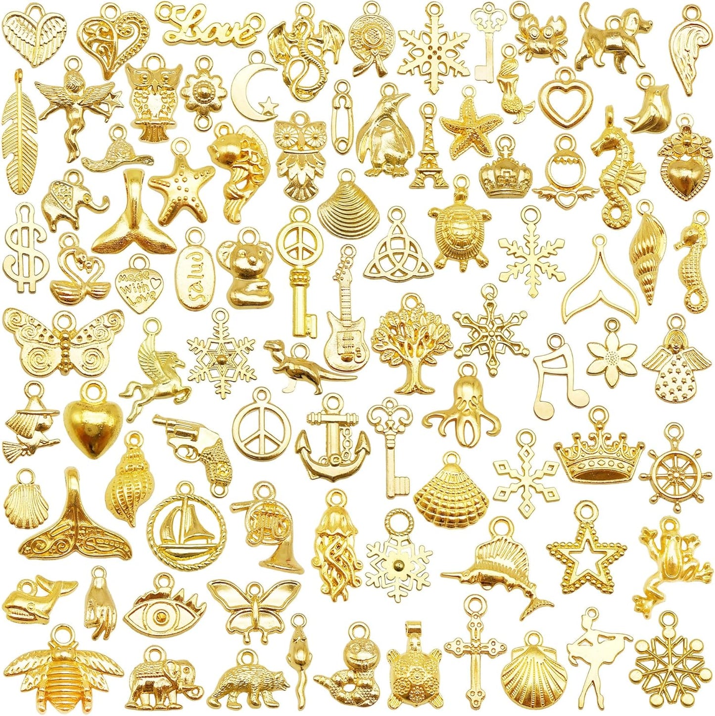 Julie Wang 200PCS Assortment Bulk Gold Charms Mixed Golden Pendants for Bracelet Necklace Jewelry Making Crafts DIY Supplies 5-30mm