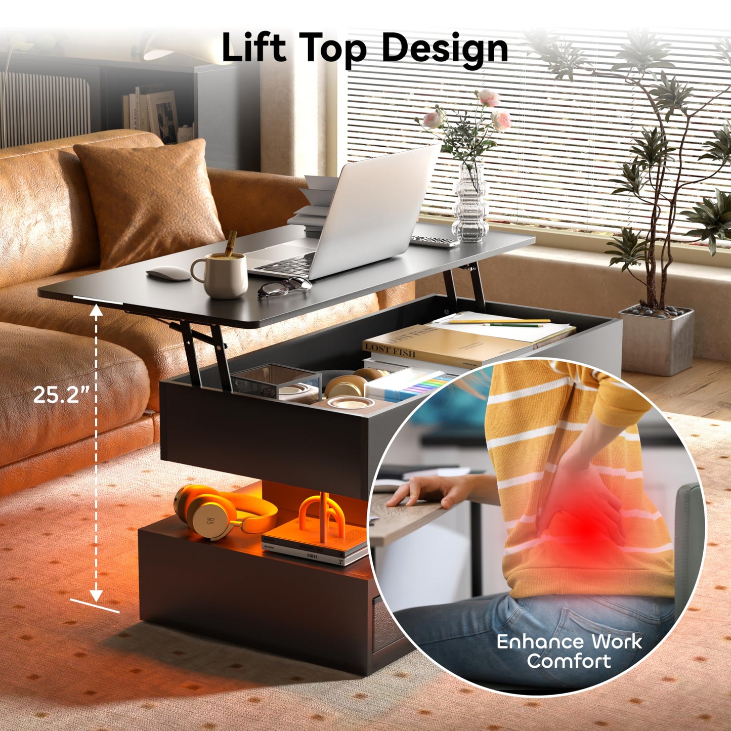 Oransail 40" Lift Top Coffee Table, Led Coffee Table with 3 Fabric Storage Drawers and Hidden Compartmen, Farmhouse Coffee Tables for Living Room