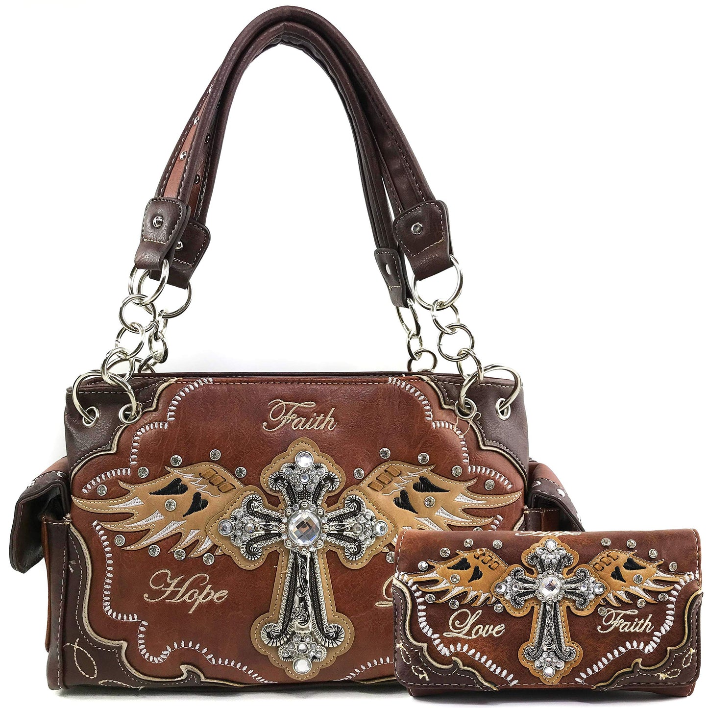 Zelris Faith Love Hope Cross Angel Wing Women Conceal Carry Handbag Wallet Set (Brown)
