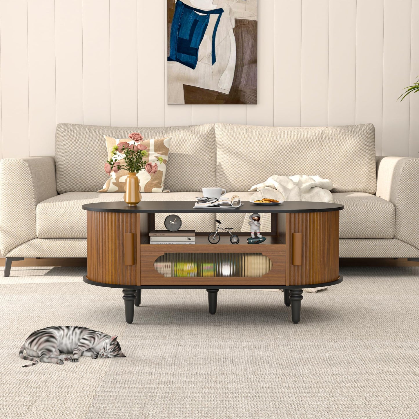 Fluted Round Coffee Table with Storage, Modern Oval Coffee Table with Drawer, Sliding Door, Low Small Center Tables for Living Room, Wooden Boho, Mid Century, Unique, Black and Walnut