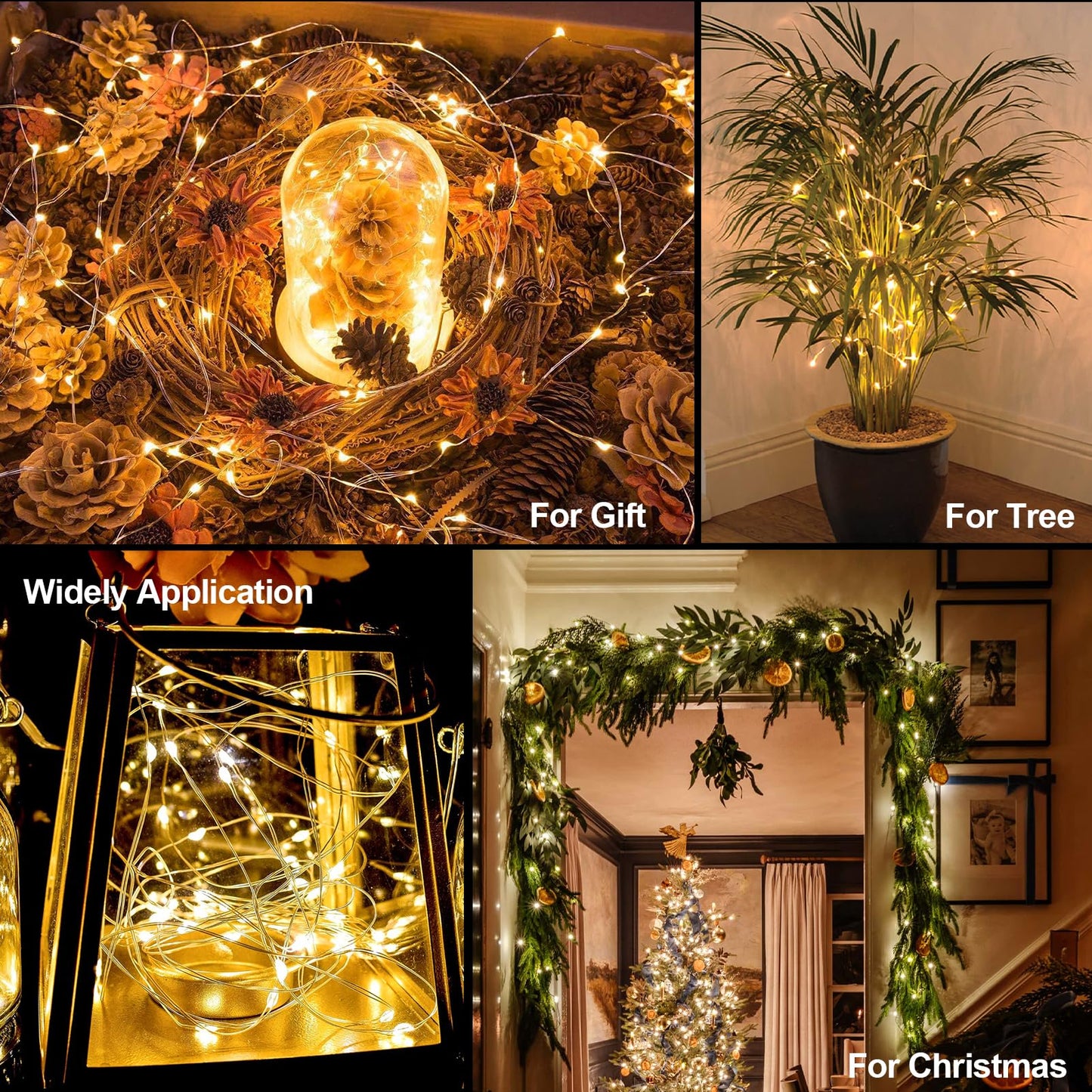 4 Pack Christmas Fairy Lights Battery Operated 16.4Ft 50 LEDs Silver Copper Wire Twinkle Lights with 2 Lighting Modes for Indoor Outdoor Wedding Holiday Yard Decorations (Warm White)