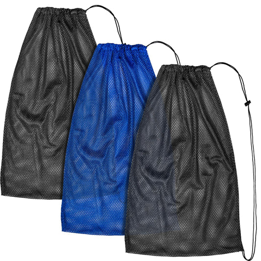 3 Pack Mesh Gear Bag Oversized 19" x 27" For Snorkel Scuba Swim Dive Gear Oversized Drawstring Net Bag for Sports Equipment, Gym, Beach, Pools Toys, Balls, Laundry, Scalloping Collect, Black & Blue