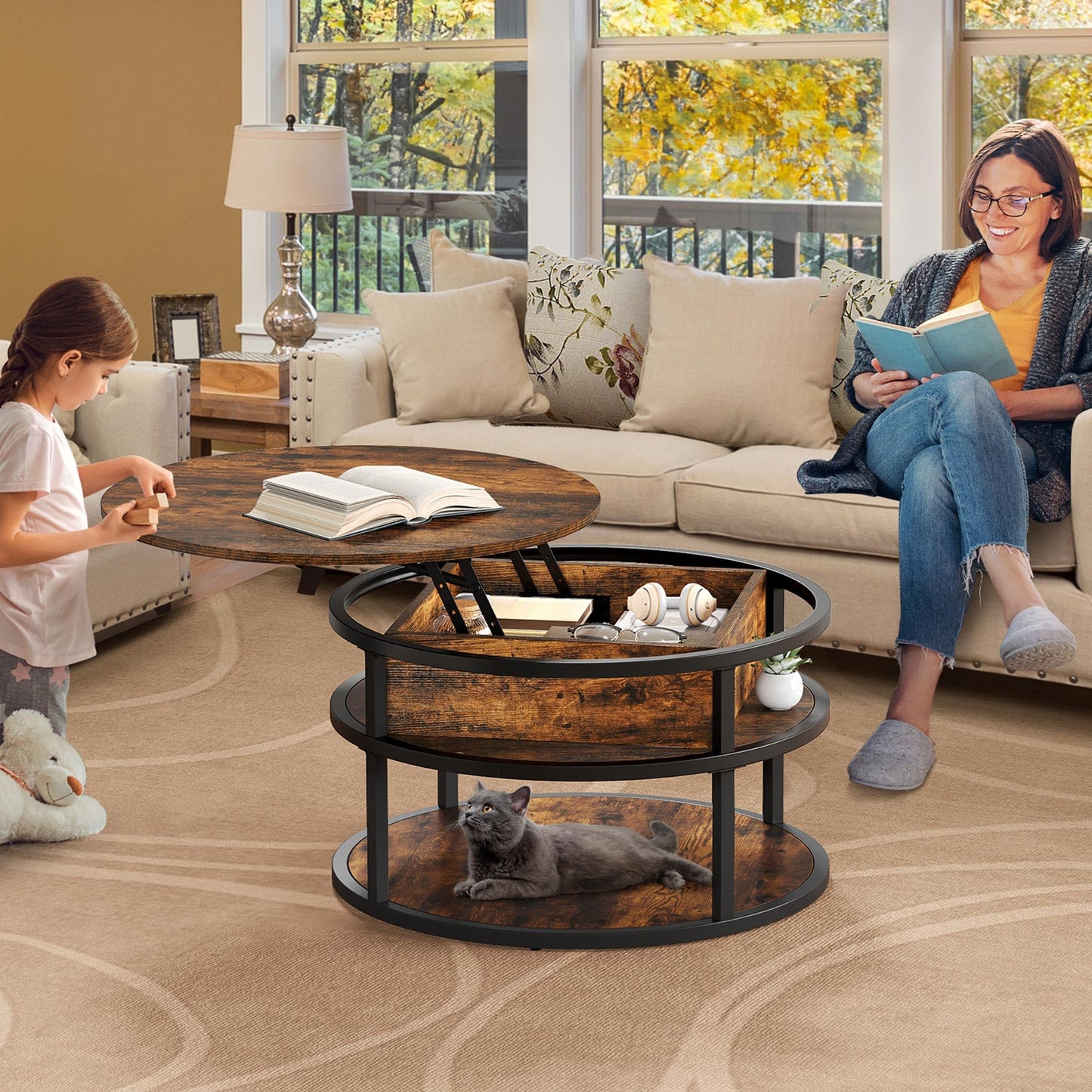 YITAHOME Round Lift Top Coffee Table with Storage, Brown Farmhouse Coffee Tables for Living Room Modern Coffee Table with Hidden Storage Compartment, Round Center Tables Living Room Home Office, Brown