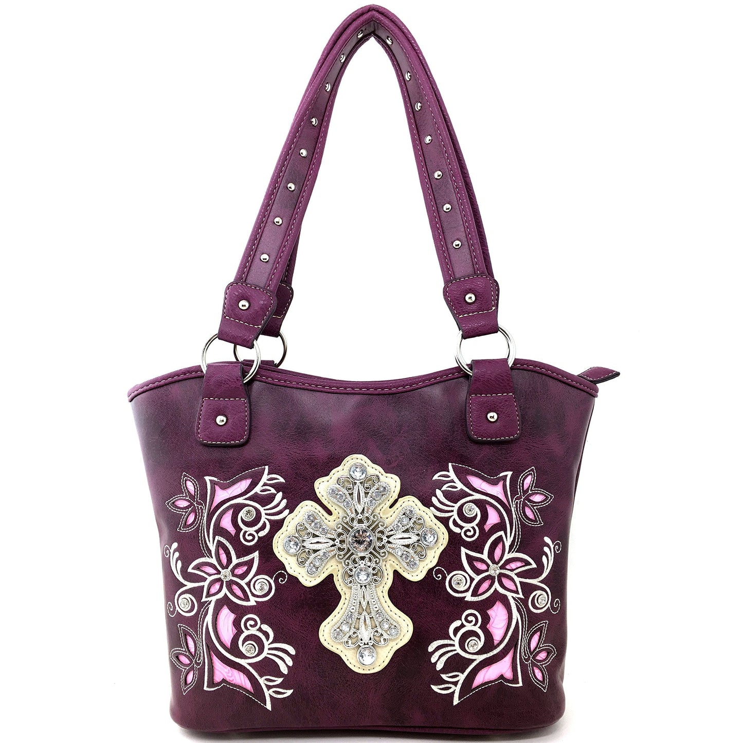Justin West Western Floral Wing Embroidery Laser Cut Rhinestone Silver Cross Studded Shoulder Tote Handbag Purse (Purple Purse)