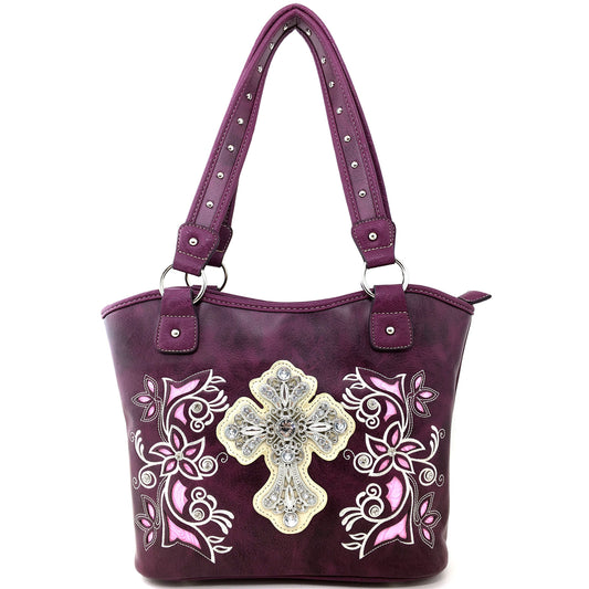 Justin West Western Floral Wing Embroidery Laser Cut Rhinestone Silver Cross Studded Shoulder Tote Handbag Purse (Purple Purse)