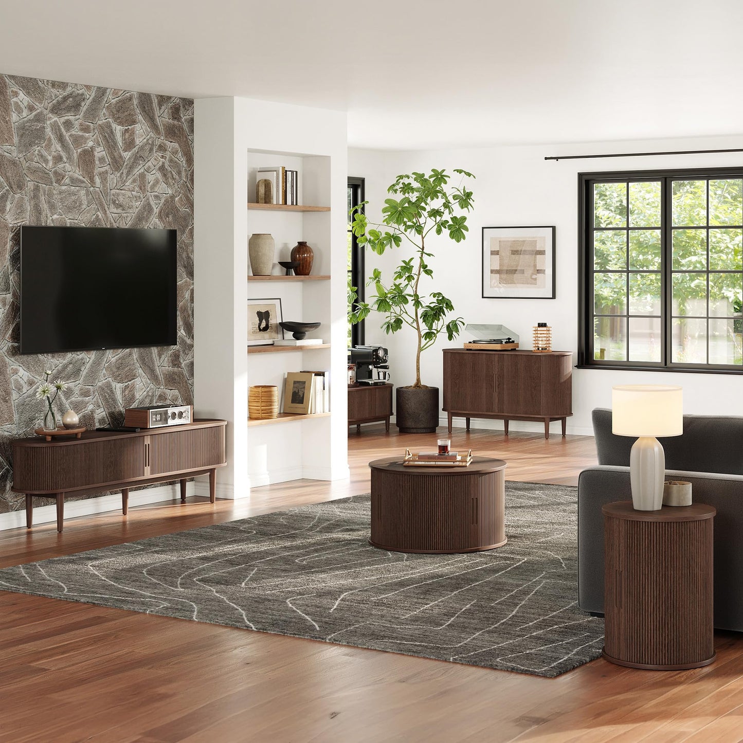 LINSY HOME Round Coffee Table, 31.5" Drum Coffee Table with Sliding Tambour Door, Fluted Accent Center Table with Storage, Mid Century Modern Coffee Table for Living Room, Walnut