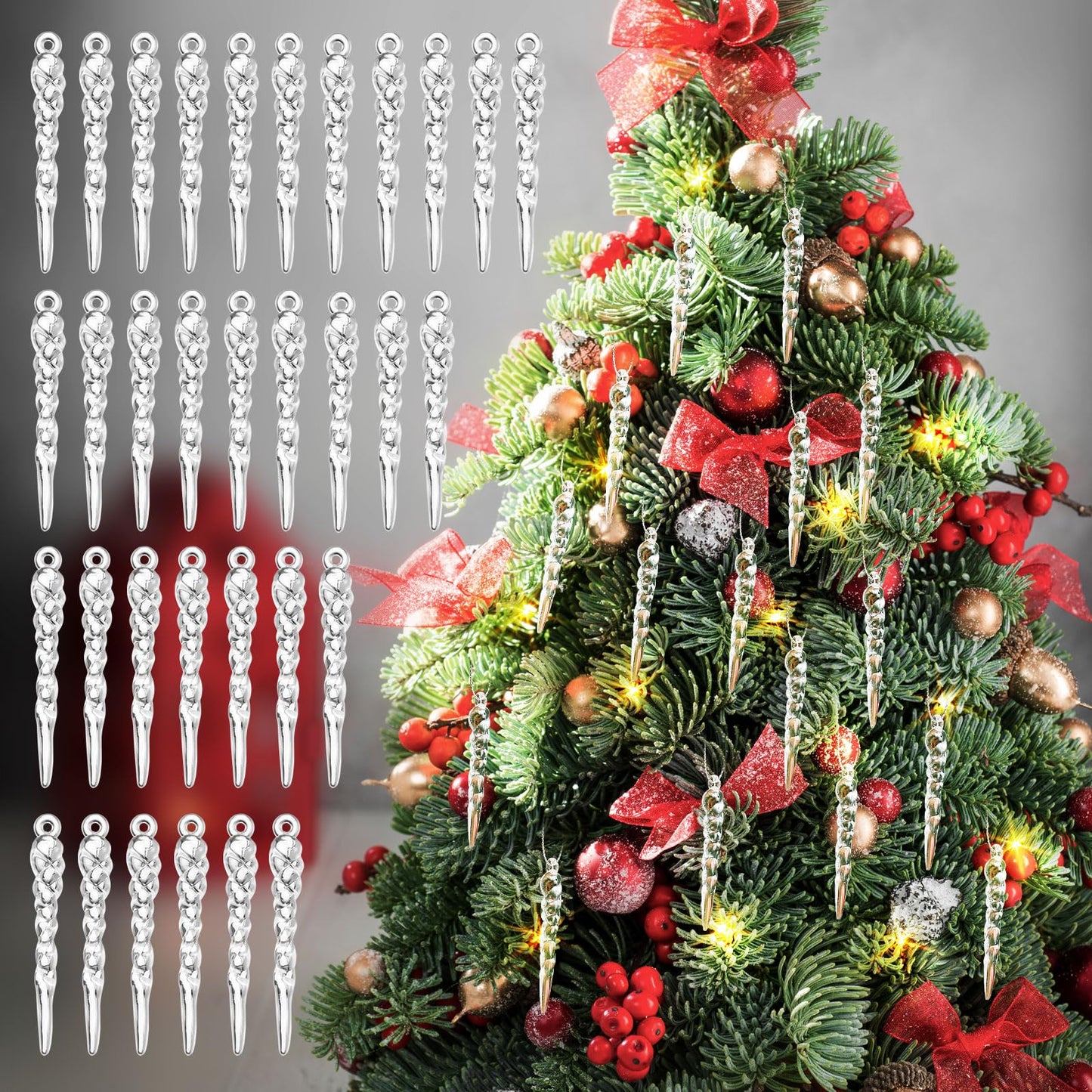 Cinnvoice 36 Pcs Christmas Tree Icicle Ornaments Mini Clear Plastic Icicle Christmas Decoration Crystal Hanging Icicles Ornaments for Xmas Tree Winter Wedding Party Decor(Transparent)