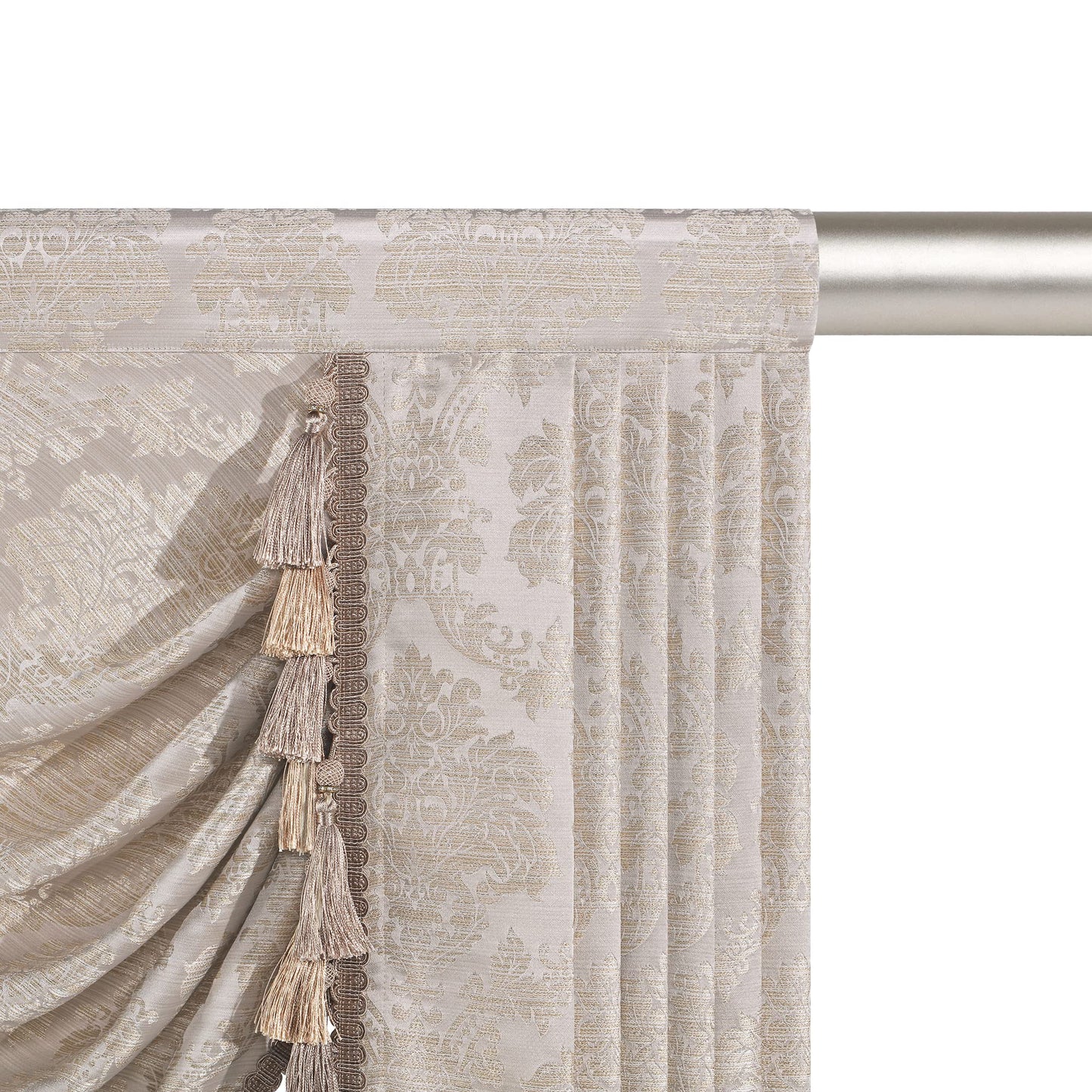 Loom and Mill Luxury Jacquard Waterfall Valance for Living Room, Floral Damask Swag Window Valances with Multi-Tassels, Elegant Swag Curtains for Bedroom Holiday Banquet Decor(W39, Light Taupe+Gold)