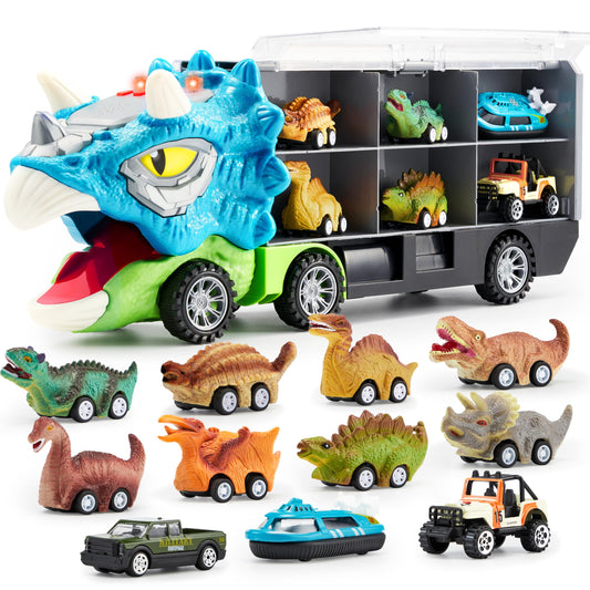 JOYIN 13 in 1 Dinosaur Toys for Kids 3-5, Dinosaur Truck with 12 Pull Back Cars, Small Cars Set, Birthday Gifts Toys for 3 4 5+ Year Old Boy, Transport Carrier Truck for Toddlers 3-4 Years
