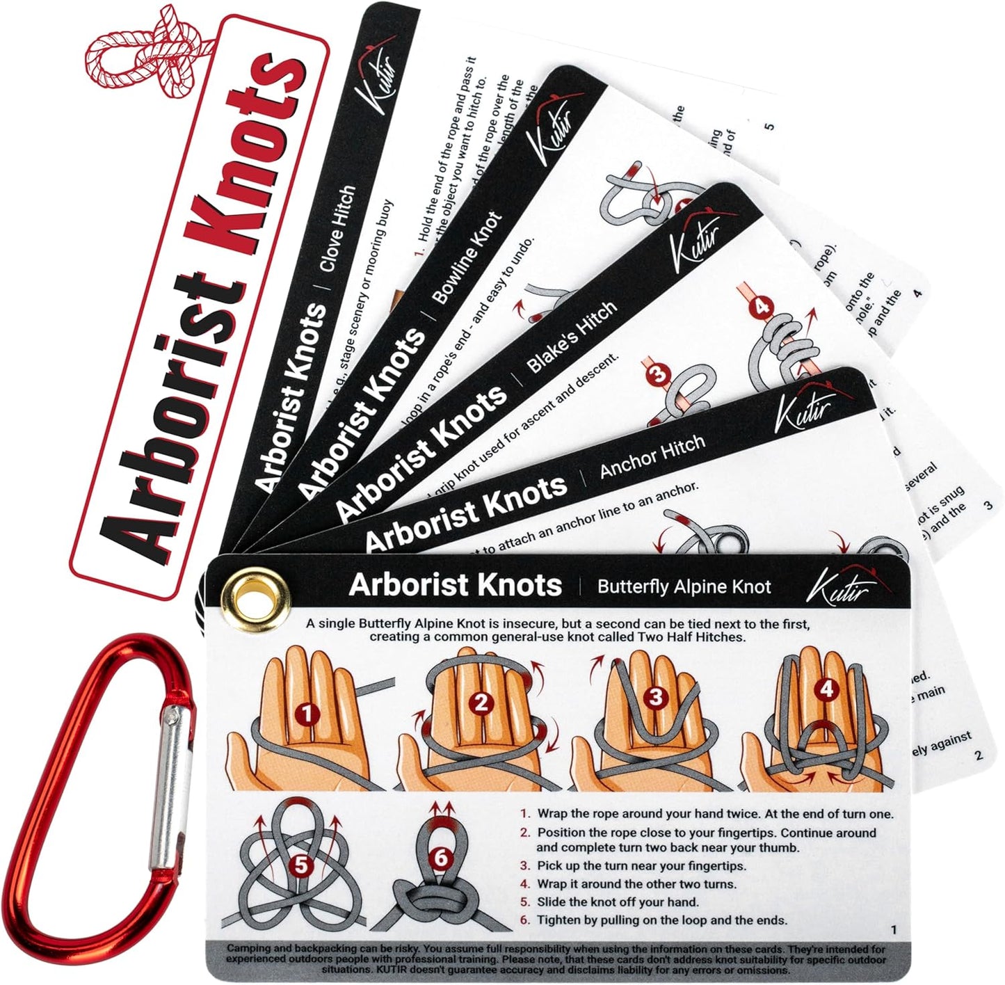 Arborist Knots Card Set - 10 Essential Knots for Camping, Climbing, & More - Waterproof Pocket Guide with a Carabiner