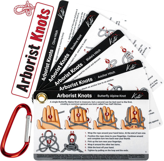 Arborist Knots Card Set - 10 Essential Knots for Camping, Climbing, & More - Waterproof Pocket Guide with a Carabiner