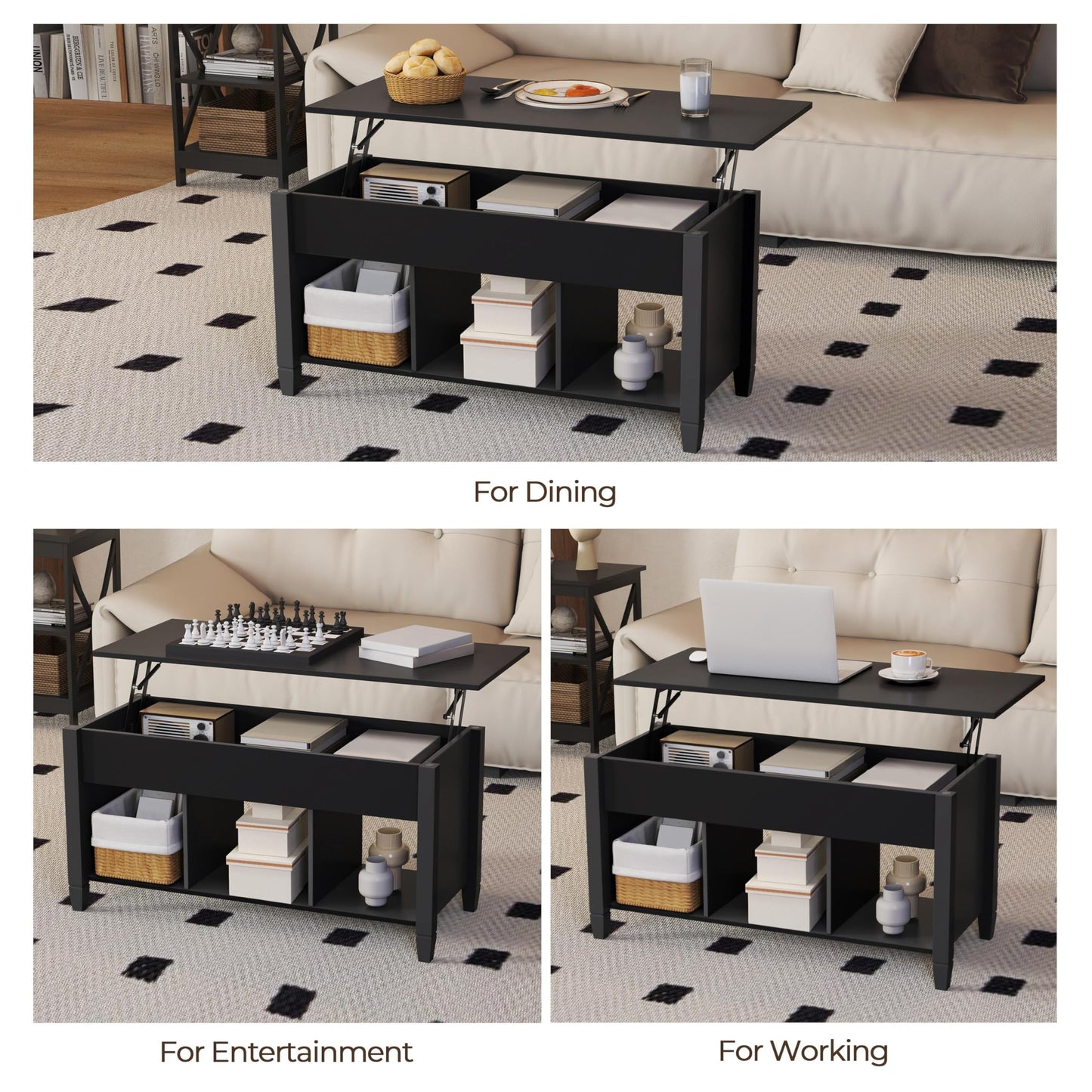 Yaheetech Coffee Table, Lift Top Coffee Table w/Hidden Storage Compartment & Lower 3 Cube Open Shelves, Lift Tabletop Center Tables for Living Room/Reception Room/Office, Black