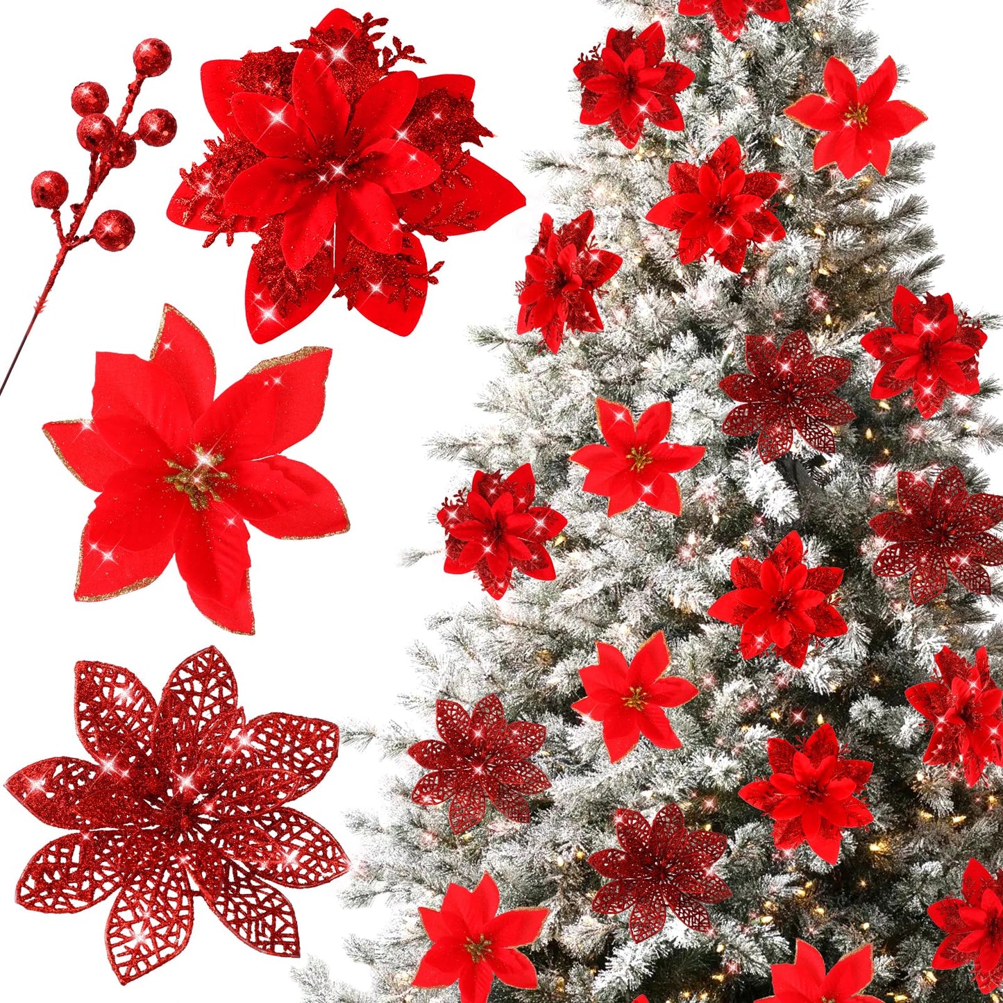Floweroyal 30pcs Poinsettia Artificial Christmas Flowers Decorations with Clips and Berry Stems Glitter Ornaments for Christmas Tree Wreath Fireplace Stairs Decor (Red-3 Styles)