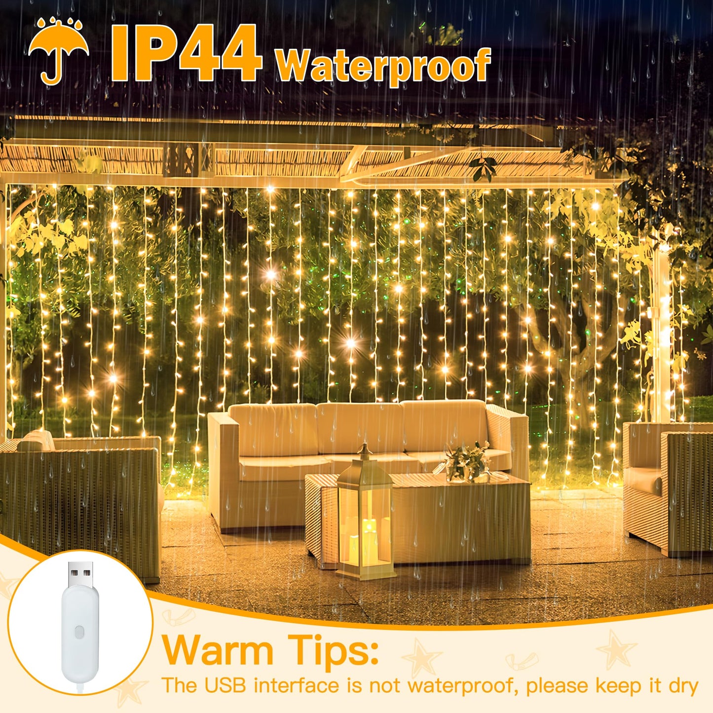 Ollny Curtain Lights 6.6x6.6ft, 200 LED String Lights with Remote 8 Modes Dimmable Timer, USB Power Fairy Light for Bedroom Backdrop Indoor Wall Window Wedding Decor, Warm White