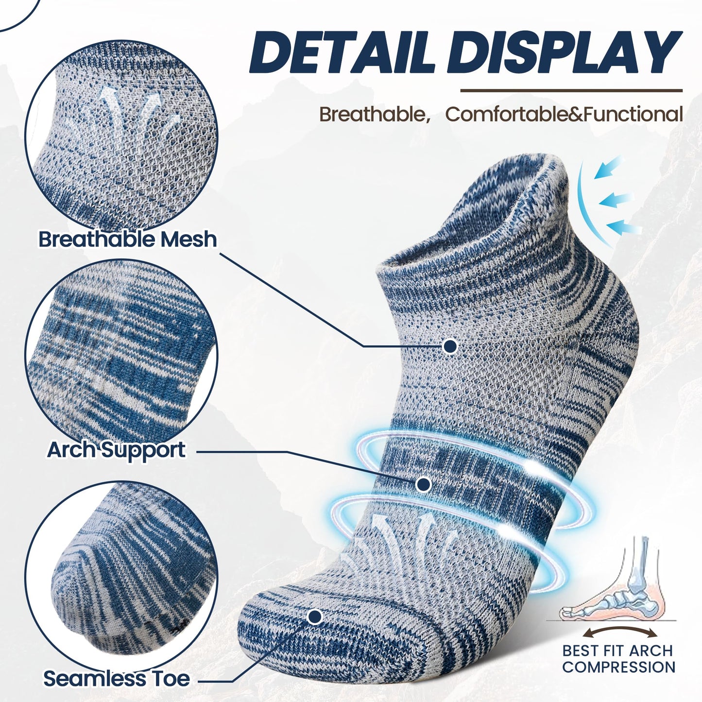 AMENLAN Merino Wool Ankle Socks Running Half Cushioned Men Women Hiking Thick No Show Socks 6 Pairs (Black/Grey/Brown,Medium)