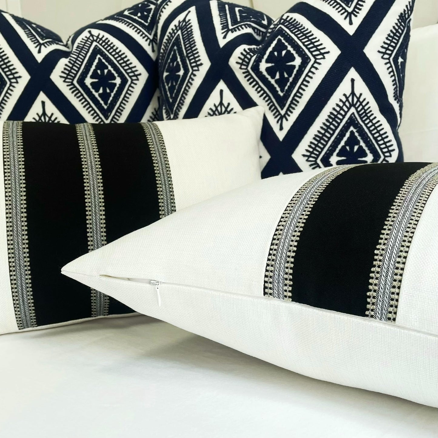 Slow Cow Pack of 2 Linen Off White and Black Patchwork Throw Pillow Covers Decorative Cushion Covers for Couch Sofa Square 18 x 18 Inches