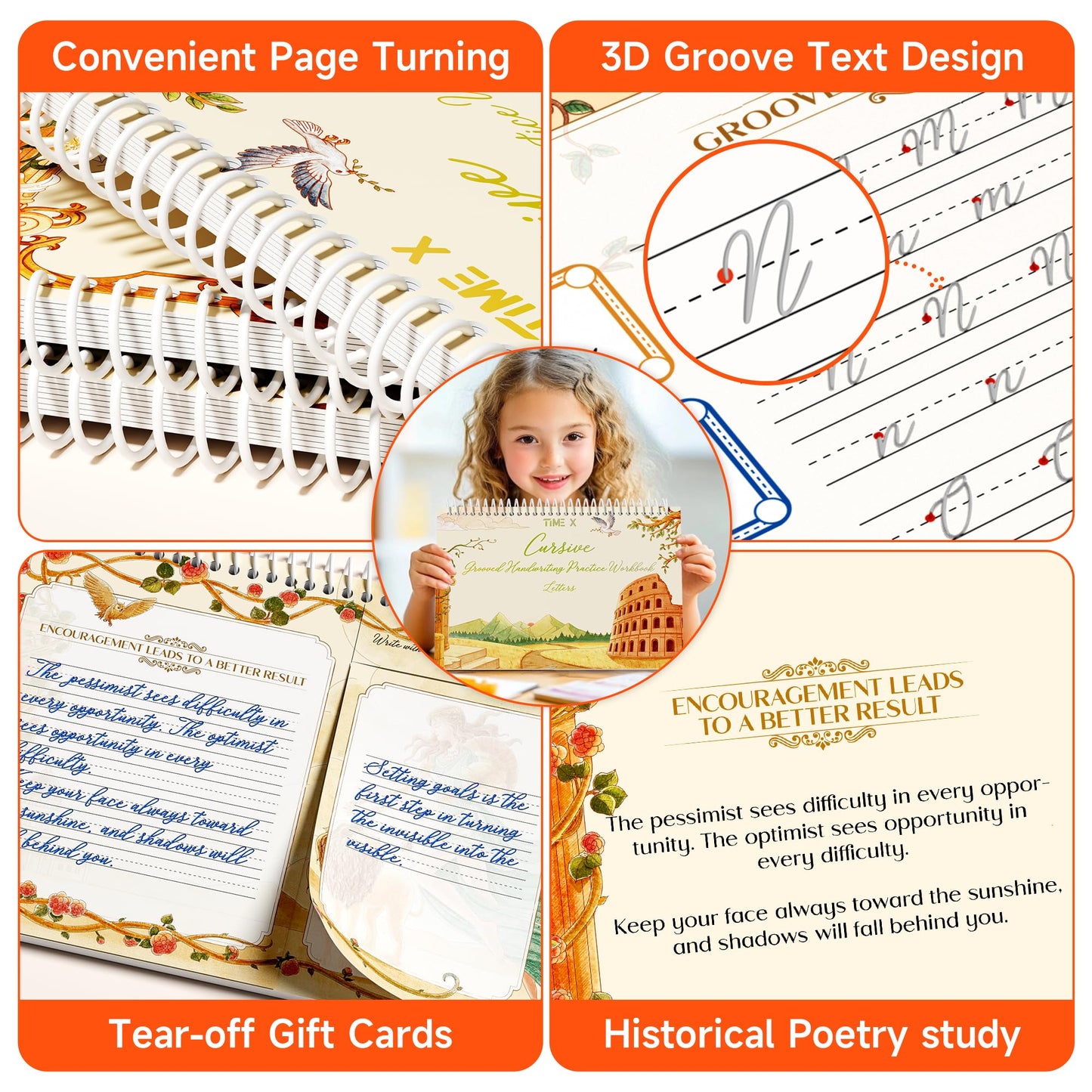 TIME X Grooved Cursive Handwriting Workbook Kit - Cursive Handwriting Workbook for Kids 8-12 and Adults - 3Pcs Magic Reusable Handwriting Workbook with Detachable Quote Postcards - 12.6"x10.6"