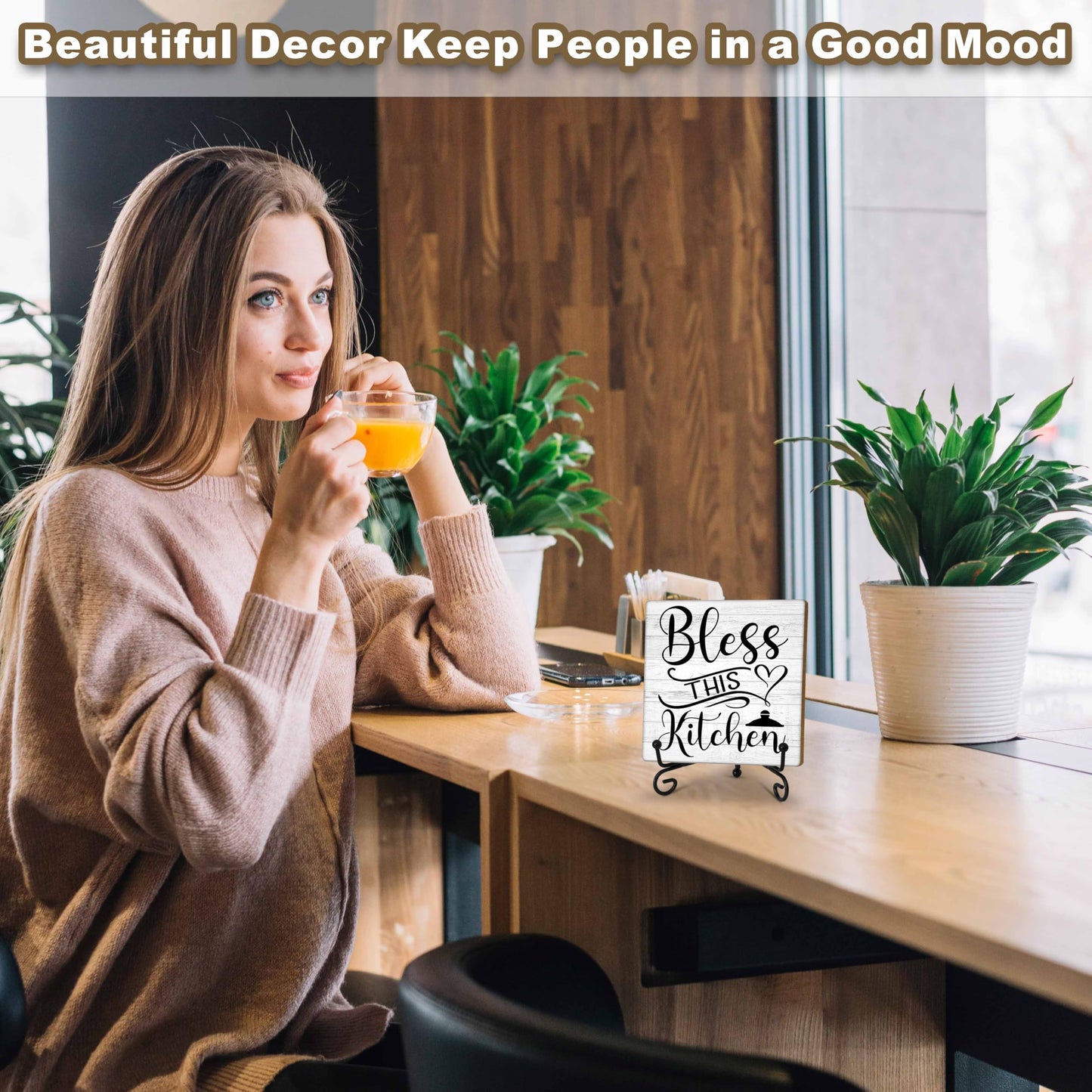 GOLRMC Kitchen Counter Decor, Table Decorations for Dining Room, Blessd Sign, Fun Farmhouse Kitchen Wooden Plaque with Iron Stand for Table Shelf Display-A02