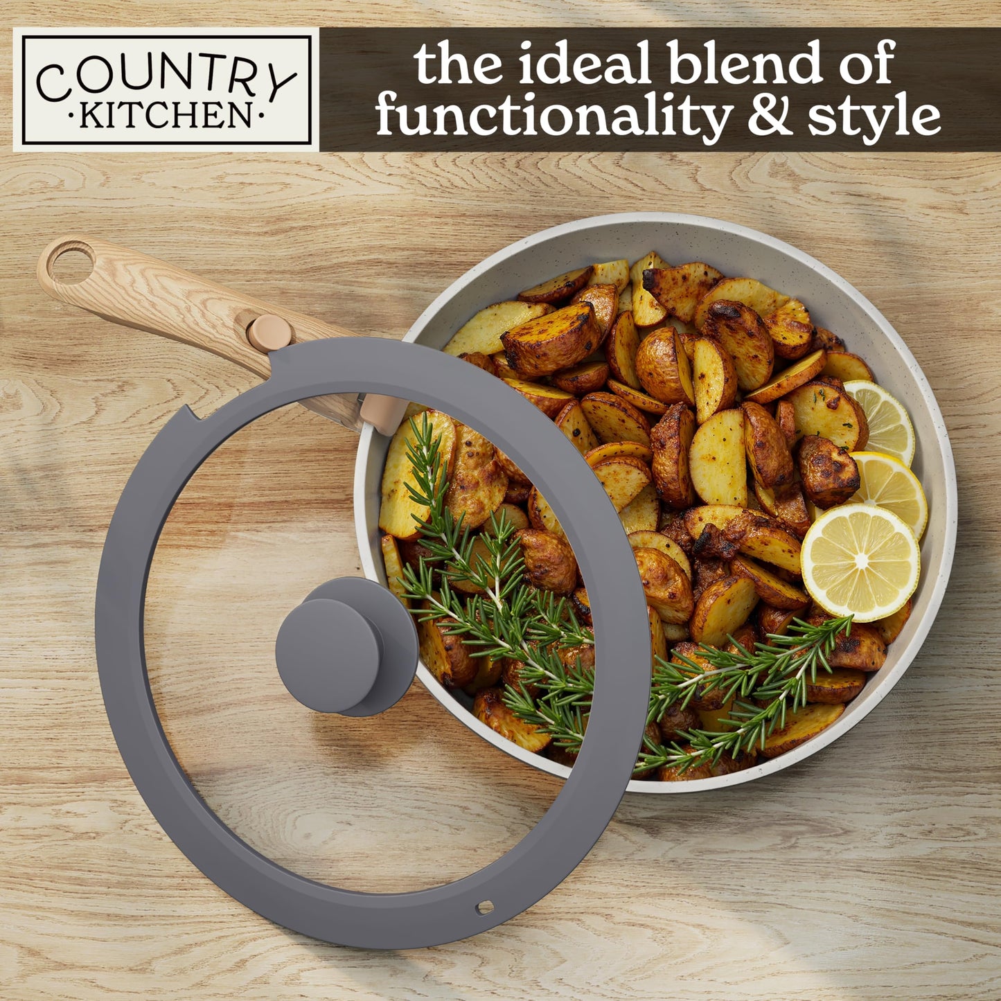 Country Kitchen Cookware Set with Removable Handle, Oven & RV Safe Pots and Pans Set, Grey/Ivory Wood Handle, Original