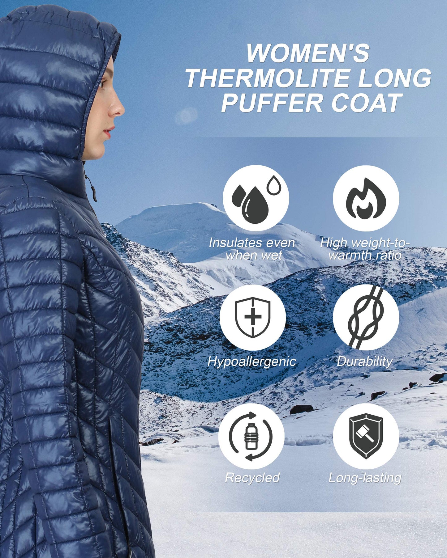 Outdoor Ventures Women's Maryan Hooded Ultra Lightweight Warm Thermolite Long Puffer Coat