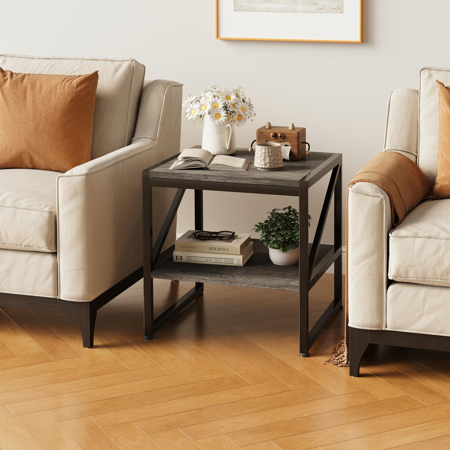 Mexin 20 Inch Square End Table, Mini Fridge Stand with 2-Tier Storage Shelf, High Load Capacity Side Table for Living Room Bedroom, Grey Oak