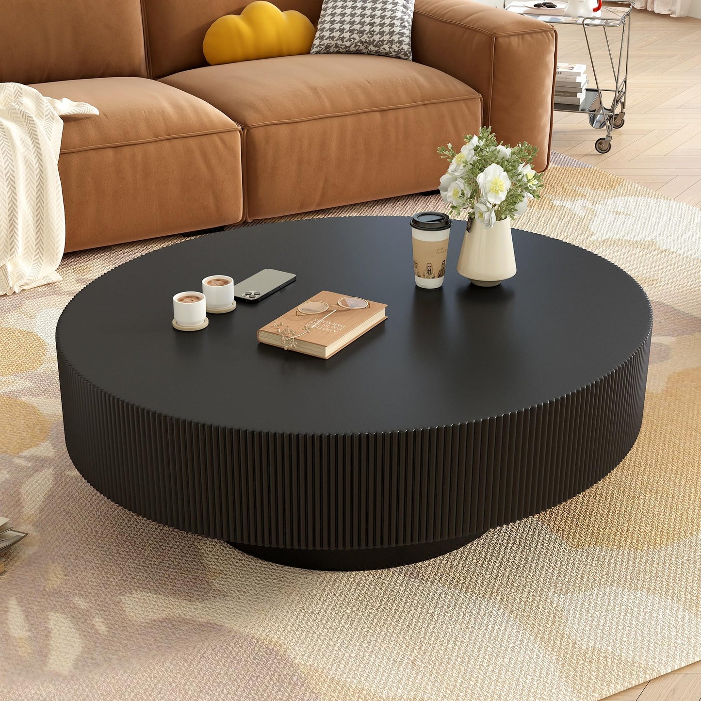 Merax Modern Round Coffee Table with Sturdy Base, Wood Center Tables for Living Room Reception Room, Easy Assemble, Black