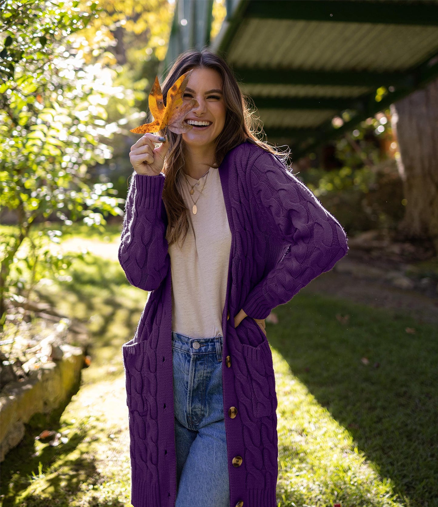 PRETTYGARDEN Long Sleeve Cable Knit Long Cardigan for Women 2025 Fall Winter Chunky Open Front Button Sweaters with Pockets (Deep Purple, X-Large)