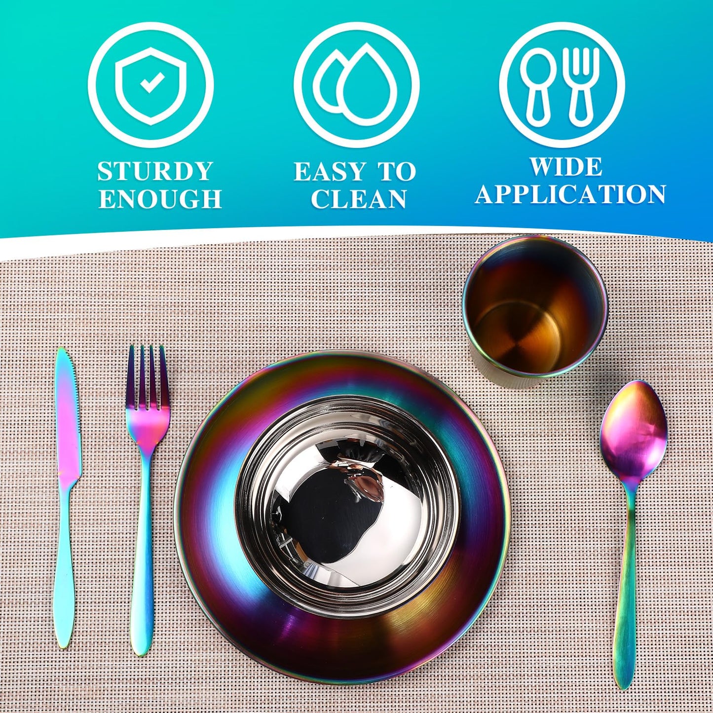 Honeydak 36 Pcs Stainless Steel Utensils Camping Tableware Kit Include Set of 6 Plate Bowl Cups Spoons Forks Knives Flatware Set for Backpacking Camping Hiking and Picnic(Rainbow Color)