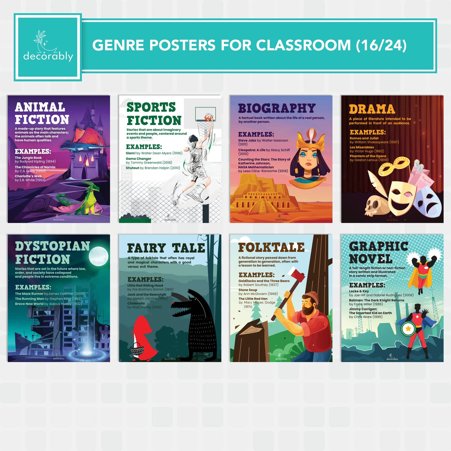 Decorably 24 Reading Classroom Posters, 8x10in Matte-Laminated Educational Book Genre Signs for English Classroom