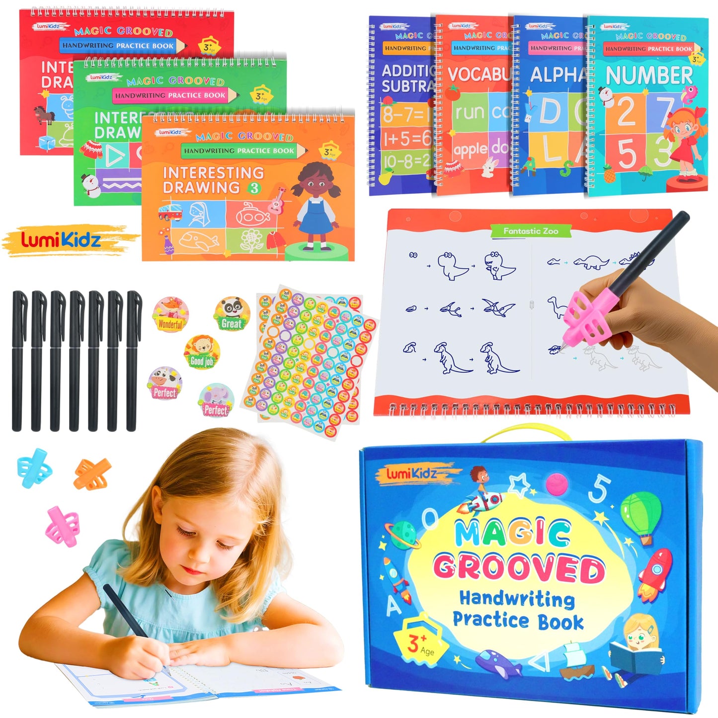 Magic Grooved Writing Practice for Kids Ages 3-8, Reusable Grooved Handwriting Workbooks, Large Writing Practice Books, Kindergarten Workbooks 10.24 * 7.29in(7 Books+Pens)