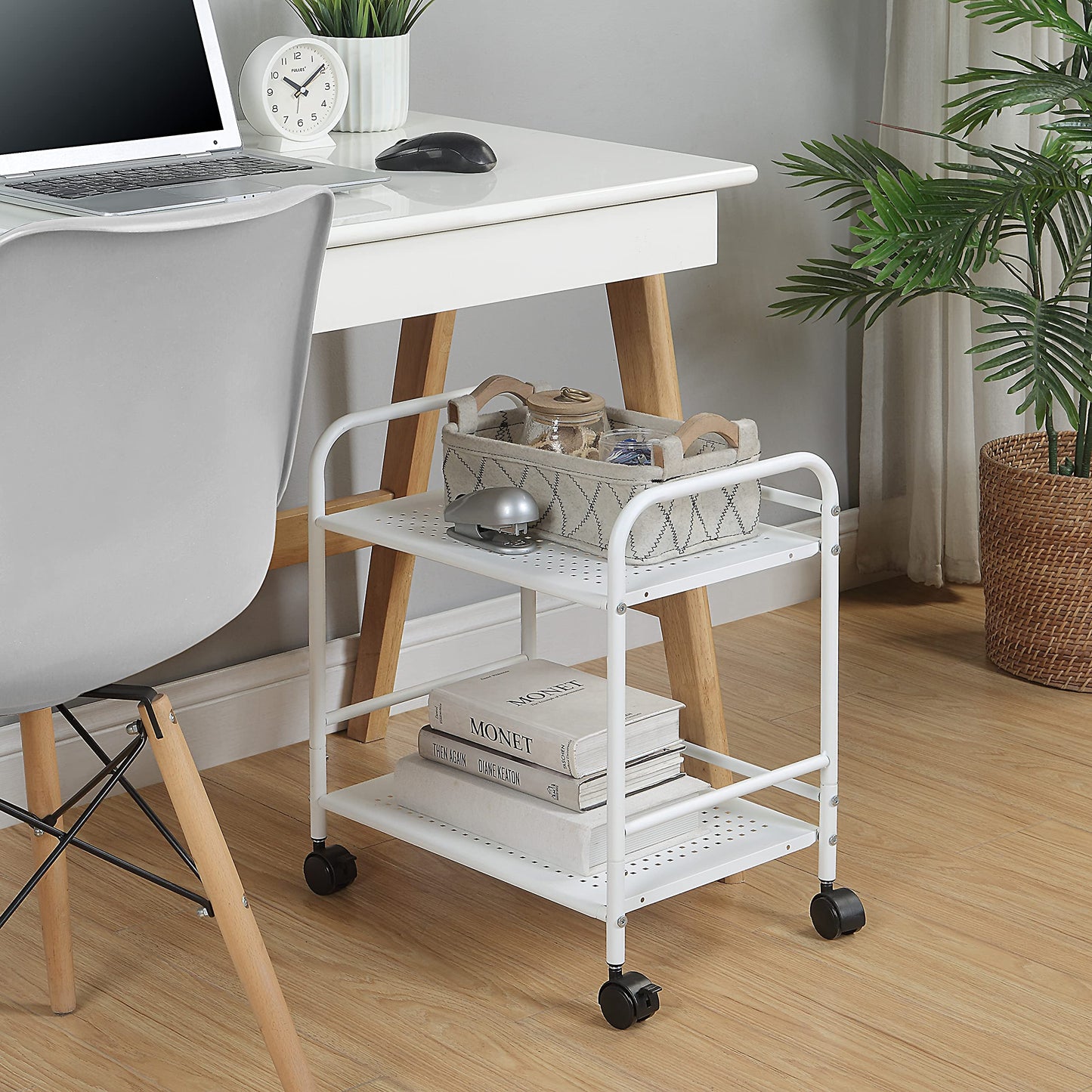 SunnyPoint 2-Tier Metal Rolling Utility Cart – Mobile Storage Shelf with Caster Wheels – Small Space Organizer for Home, Office, Bedroom, Kitchen (WHT)