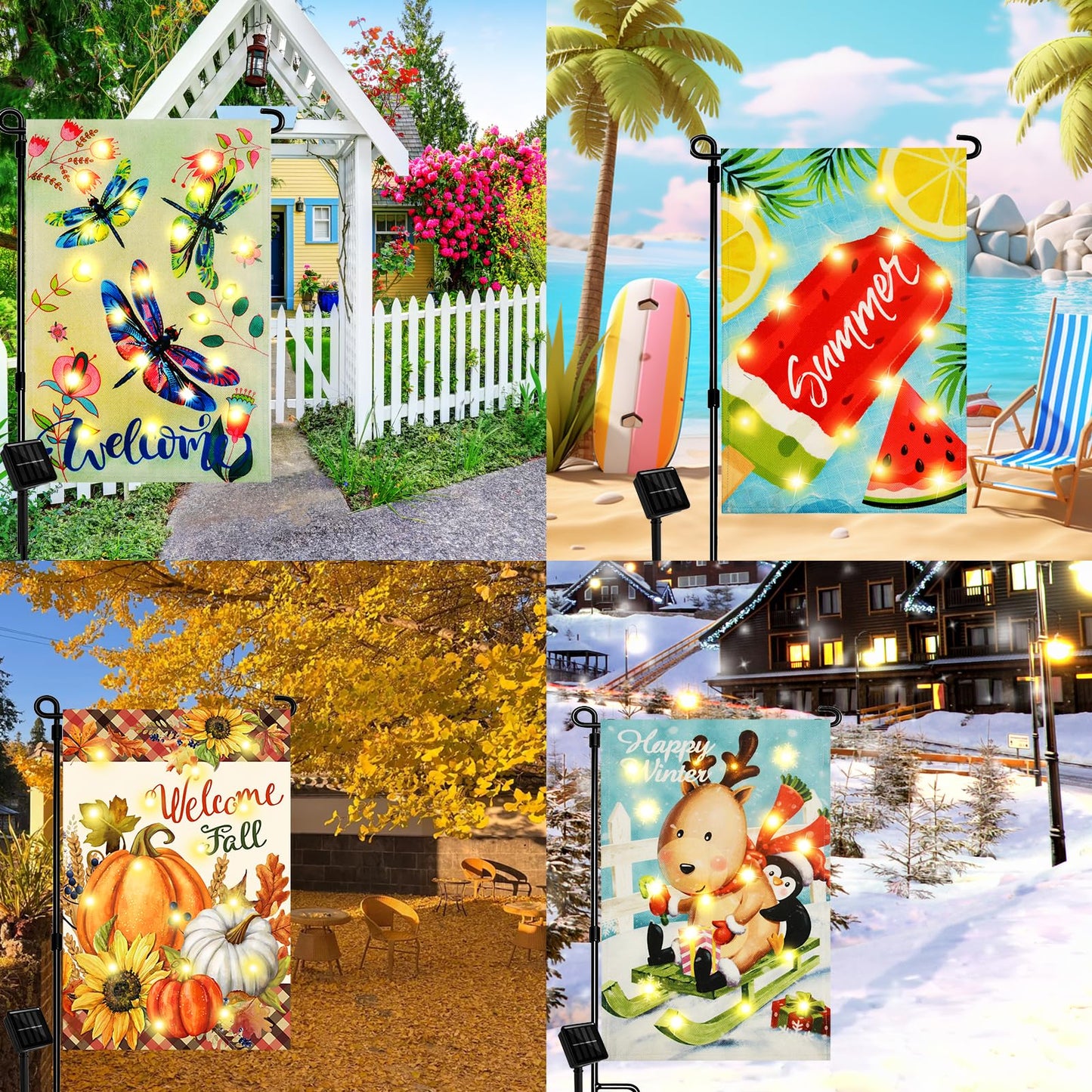 Solar Seasonal Garden Flags Set of 12, Lighted 12×18 Double-Sided Yard Flags for Outside Halloween Christmas Fall Thanksgiving Day Decorations Welcome Flag Outdoor Holiday Decor