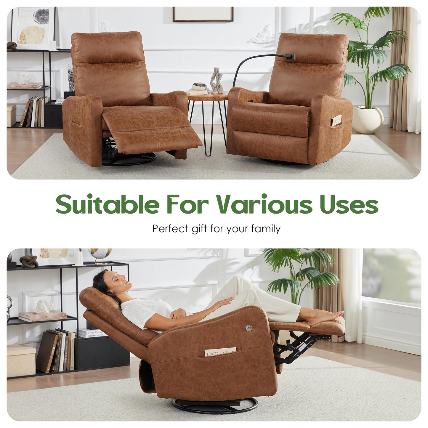 AYEASY Oversized Leather Recliner Chair with Phone Holder, Swivel Rocking Reclining, Ergonomic Lazy Boy Recliner Chair with Lumbar Support, Manual Glider Sofa Chair for Living Room, RV, Brown