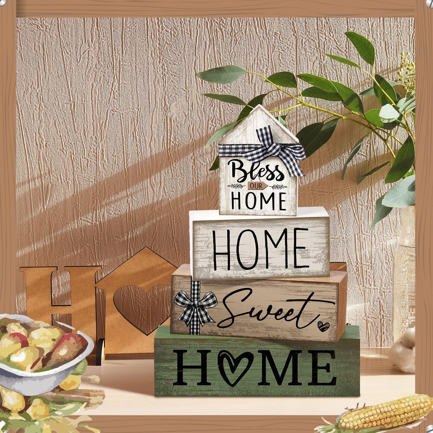 Moucuny 4 Pcs Wooden Farmhouse Tabletop Decor Rustic Home Tiered Tray Decor Decorative Highland CowEucalyptus Block Signs Gift Farmhouse Table Decoration for Kitchen Shelf(Home)