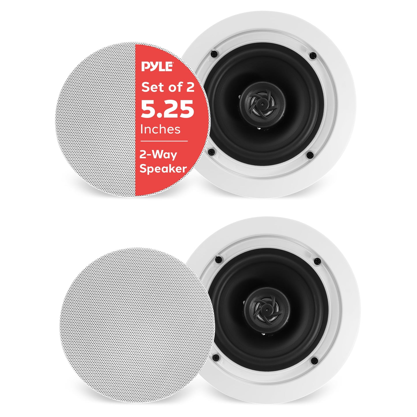 Pyle Pair 5.25” Flush Mount in-Wall in-Ceiling 2-Way Home Speaker System Spring Loaded Quick Connections Dual Polypropylene Cone Polymer Tweeter Stereo Sound 150 Watts (PDIC1651RD) White