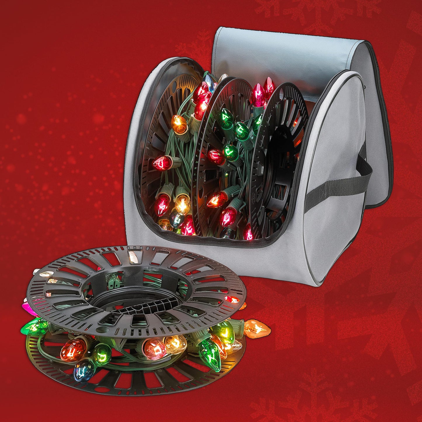 Premium Christmas Light Storage Bag – Heavy-Duty 600D Tear-Proof Material with Reinforced Handles – Includes 3 Reels, Stores up to 375 Ft of Mini Lights & Extension Cords – Grey with PVC Lining