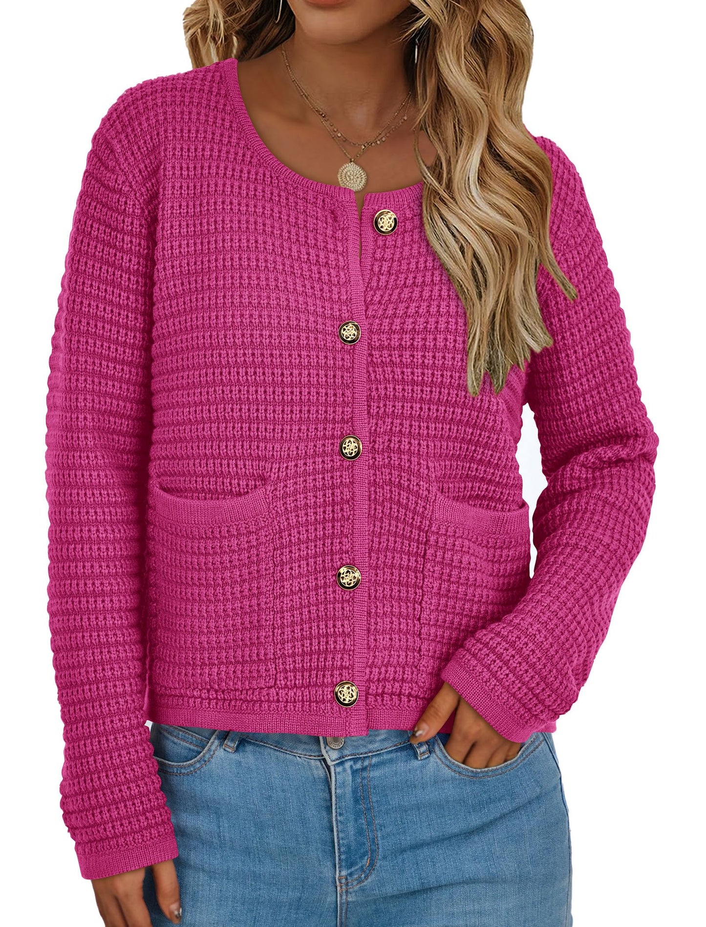 PRETTYGARDEN Women Knit Cardigan Sweaters Fall Fashion Long Sleeve Open Front Button Down Trendy Casual Jacket Winter Clothes (Rose Red,Small)