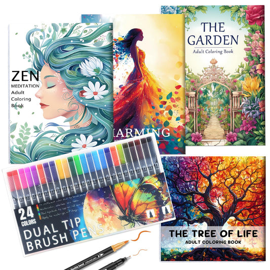 Adult Coloring Book for Women Relaxation, Mindfulness Coloring Book with 24 Dual Tip Markers, Stress Relief Gifts for Women with 128 Patterns Include Tree Garden Zen Meditation Style (4 Pack)