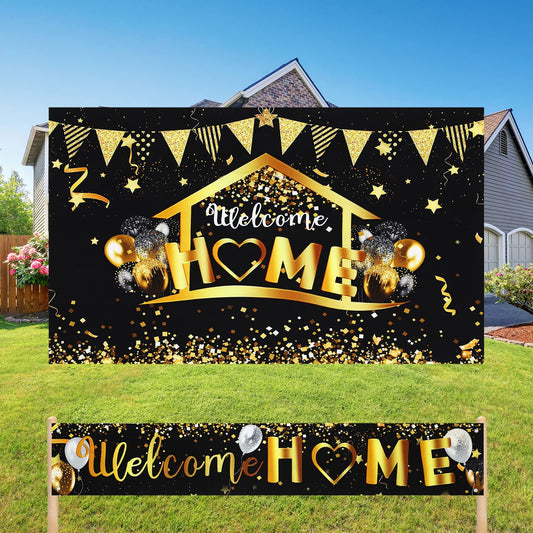 Buryeah 2 Pcs Black Gold Welcome Home Banner Decorations Welcome Back Home Yard Sign Homecoming Backdrop Decor for Outdoor Military Homecoming Deployment Returning Party Supplies