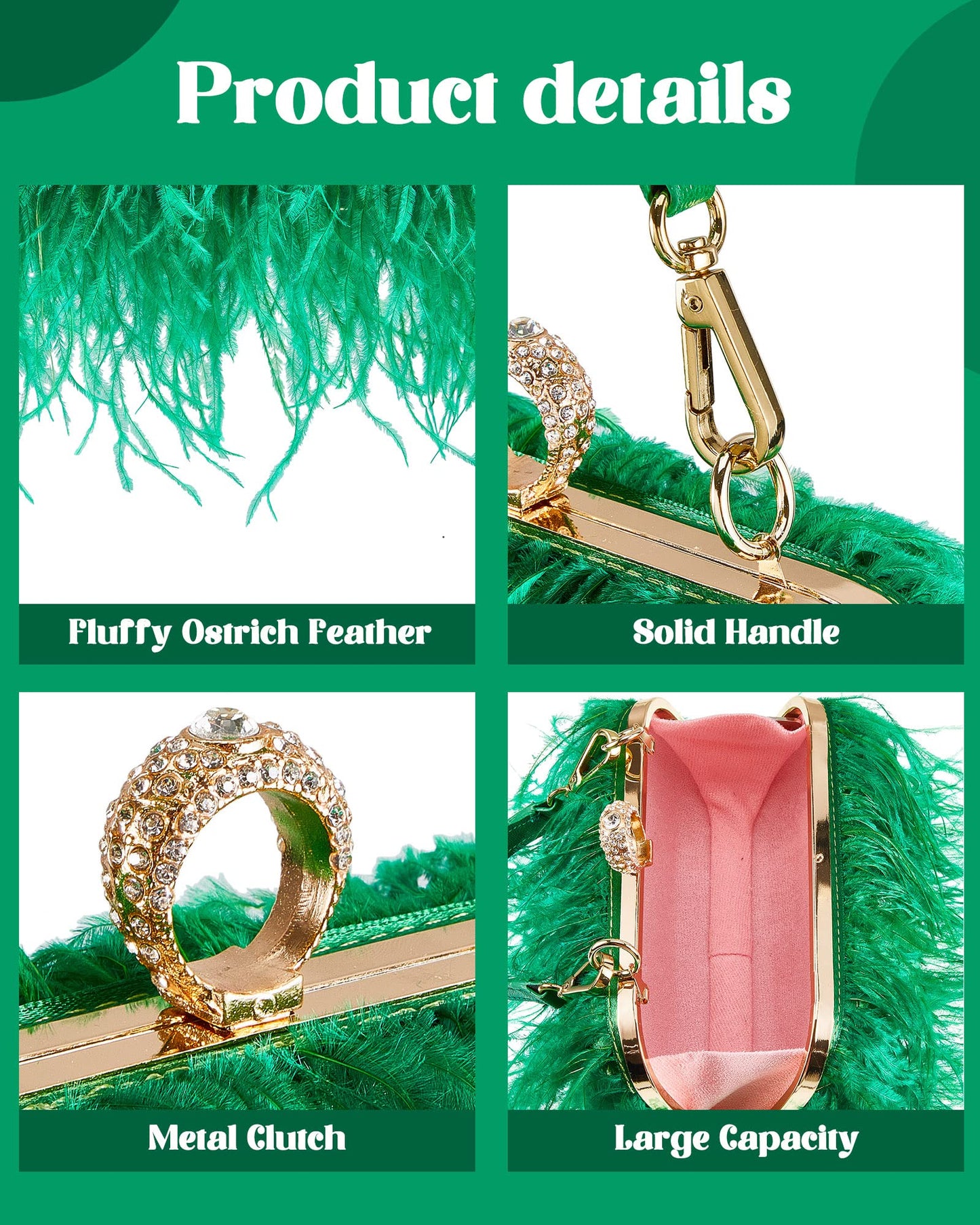 Tessco Women Ostrich Feather Tote Bag Fluffy Purse Clutch Feather Evening Handbag for Wedding(Green)