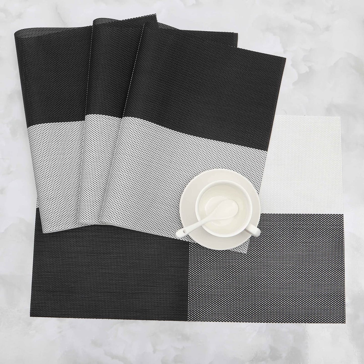 HeloHo Placemats Set of 6 Black and White Placemats Heat-Resistant Washable Vinyl Woven Table Mats Wipeable Placemat for Kitchen Dining Table Decoration Indoor Outdoor